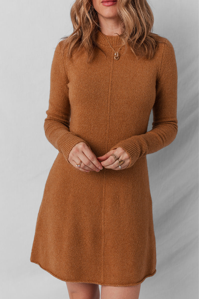 Brown Ribbed Detail Solid Color Mini Sweater Dress
