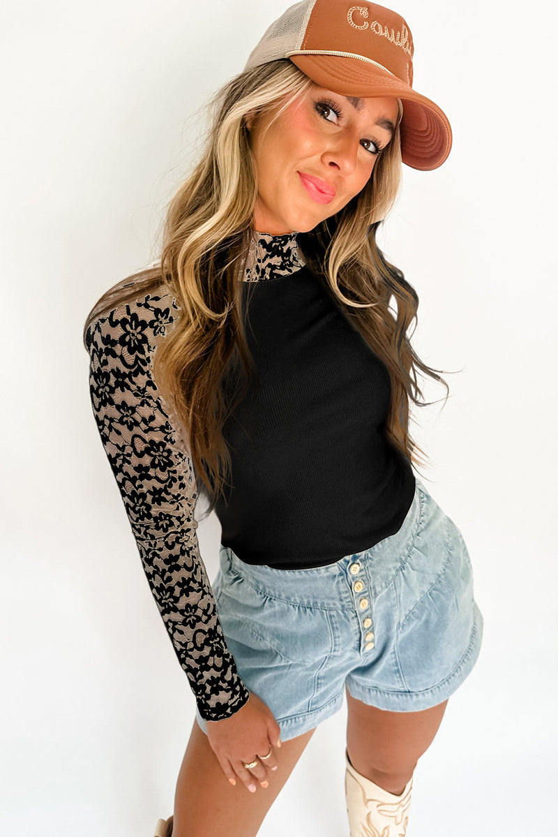 Solid Floral Lace Patchwork Long Sleeve High Neck Slim Top