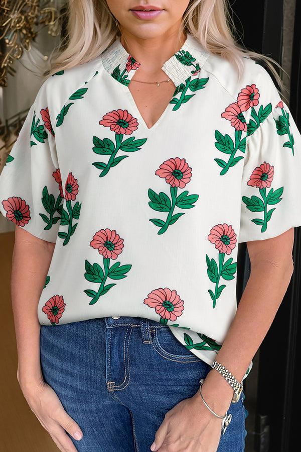 Floral Print Shirred Split Neck Short Sleeve Blouse