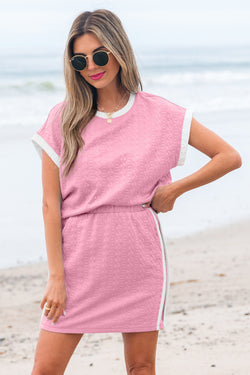 Solid Contrast Trim Textured Crewneck Tee and Pocketed Skirt Set