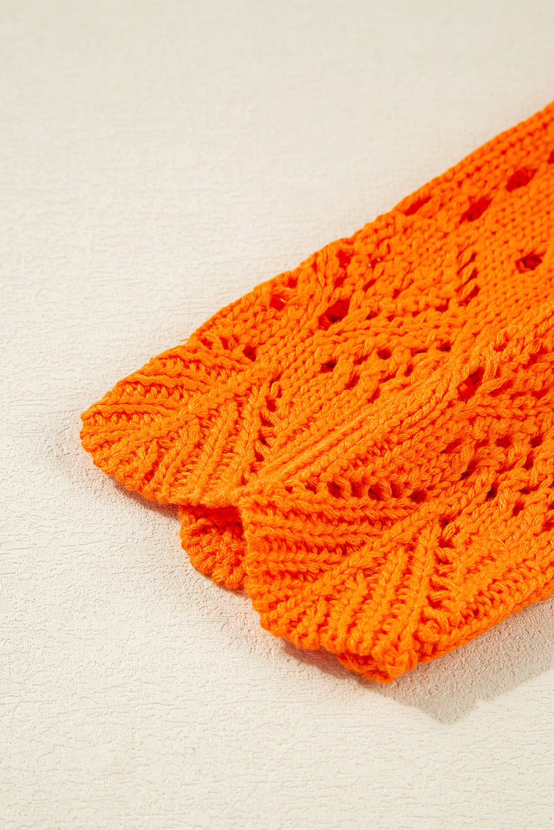 Orange Solid Color Open Crochet Scallop Edge Sweater