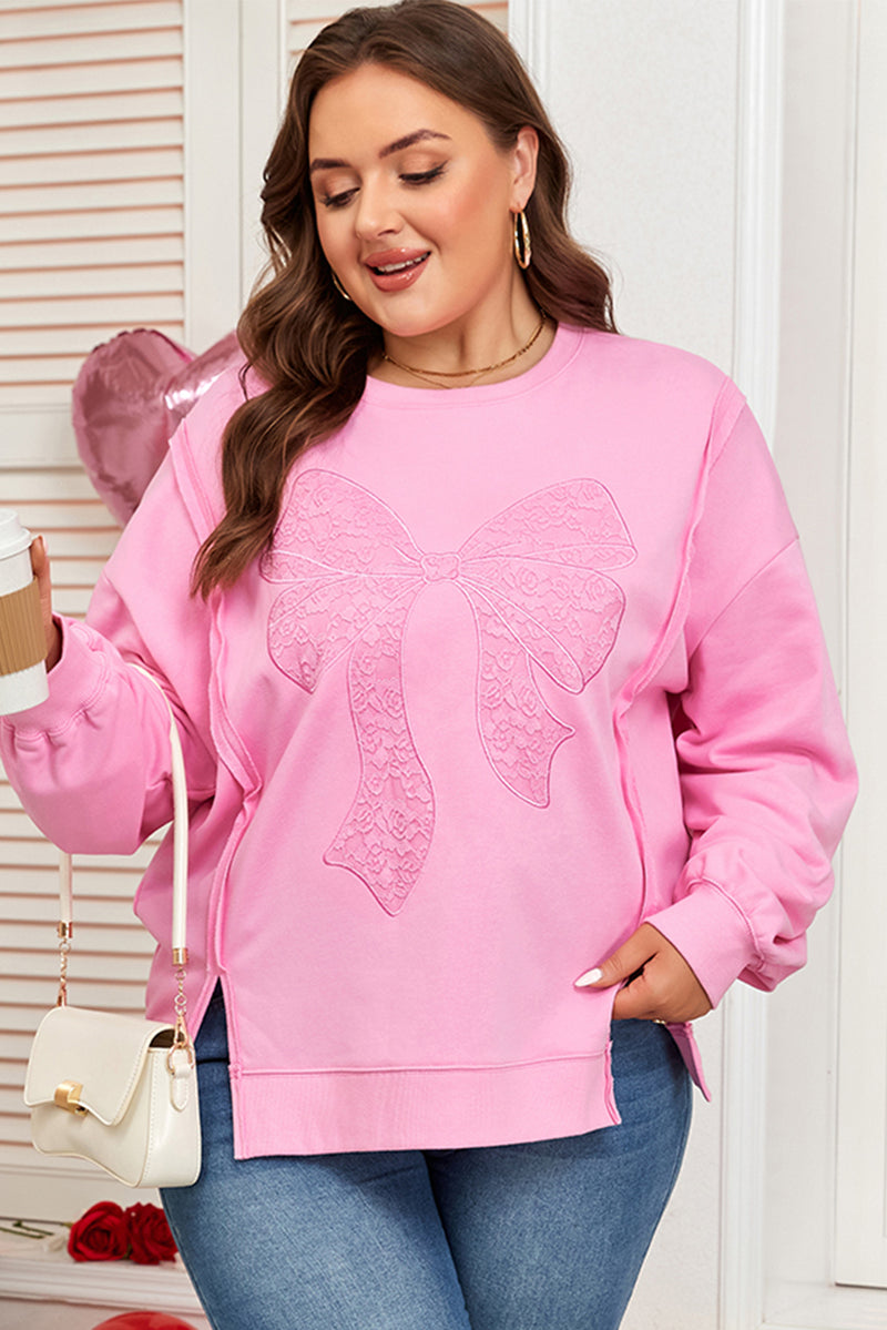 Big Bow Lace Embroidered Dolman Sleeve Slit Plus Size Sweatshirt
