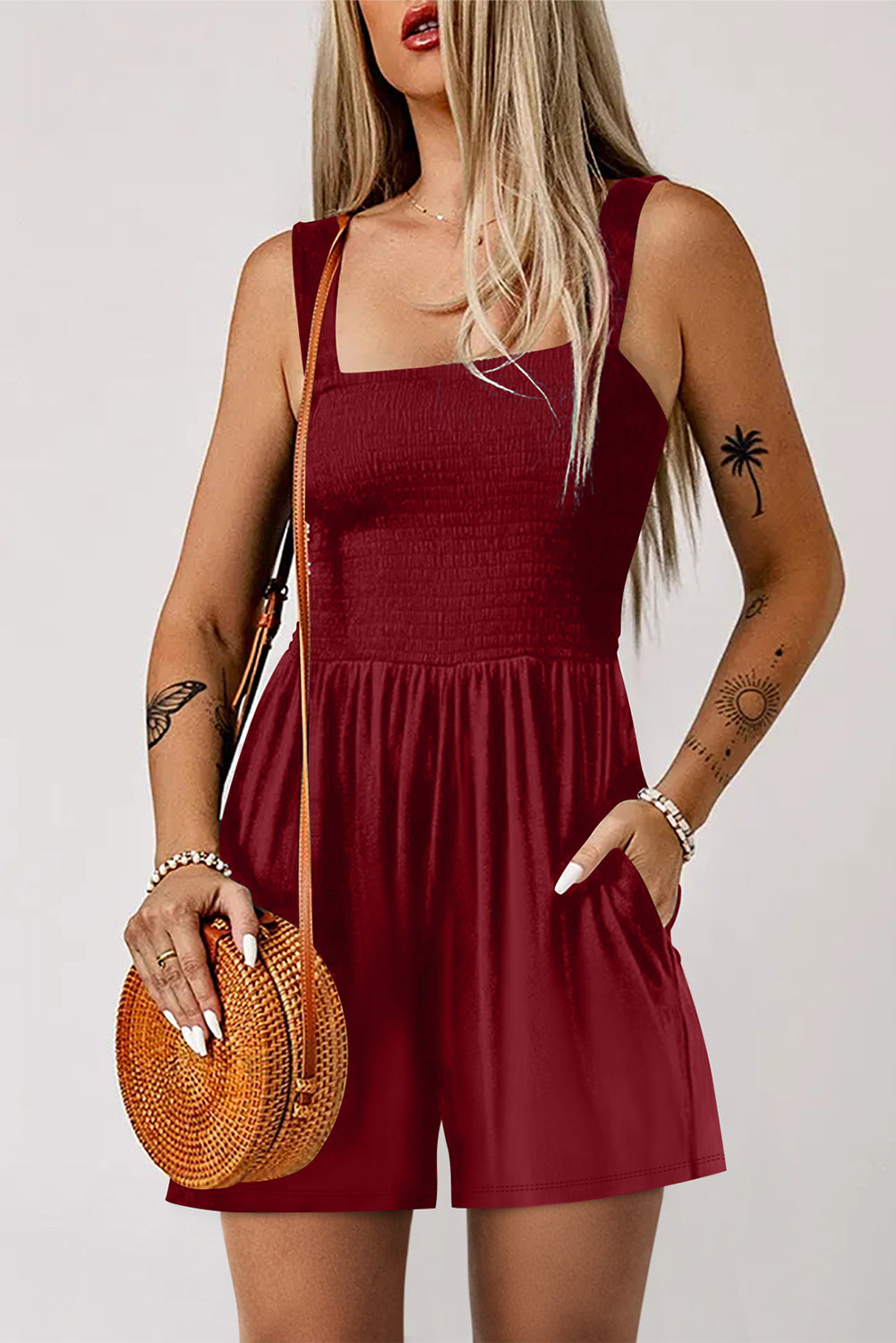 Casual Pocketed Smocked Sleeveless Romper