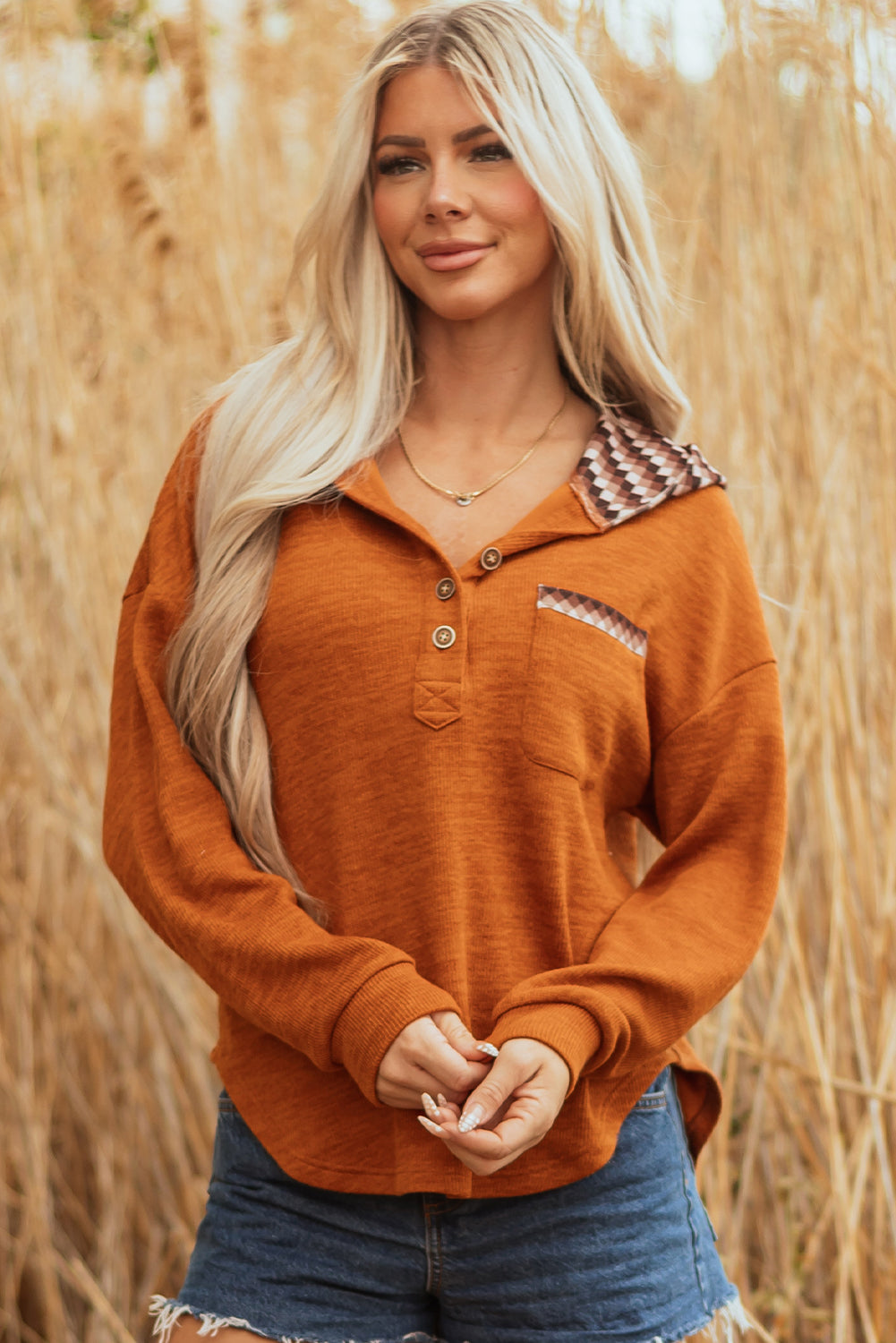 Contrast Plaid Hood Patchwork Chest Pocket Henley Top