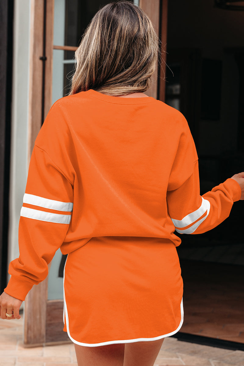 Varsity Stripe Detail Drop Shoulder Pullover Mini Skirt Set