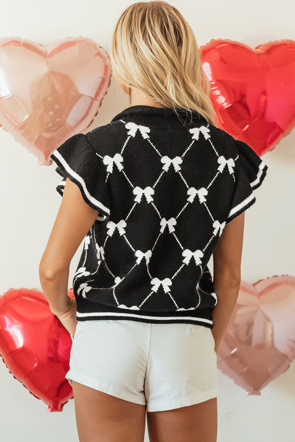 Solid Preppy Vibes Bow Print Zipped Collar Sweater Tee
