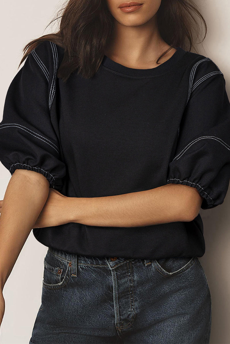 Contrast Stitches Detail Puffy Half Sleeve Blouse