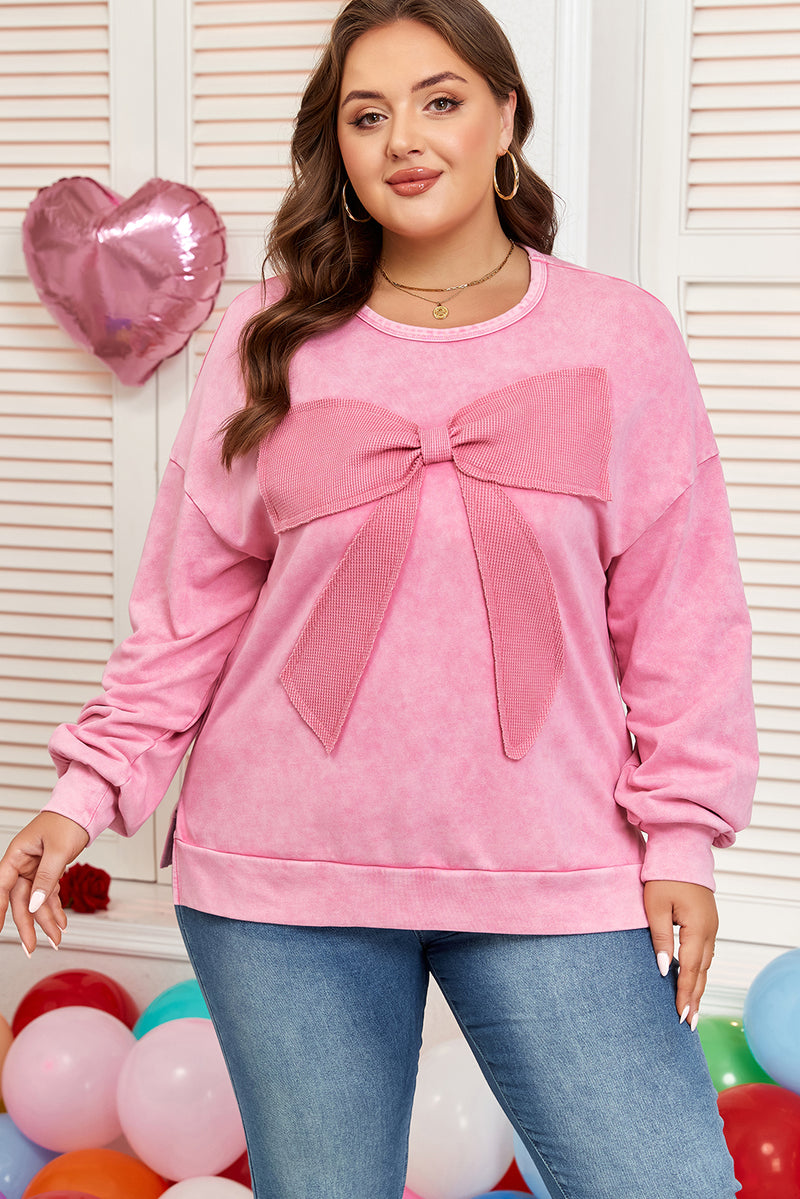 Bowknot Patchwork Graphic Mineral Wash Plus Size Sweatshirt