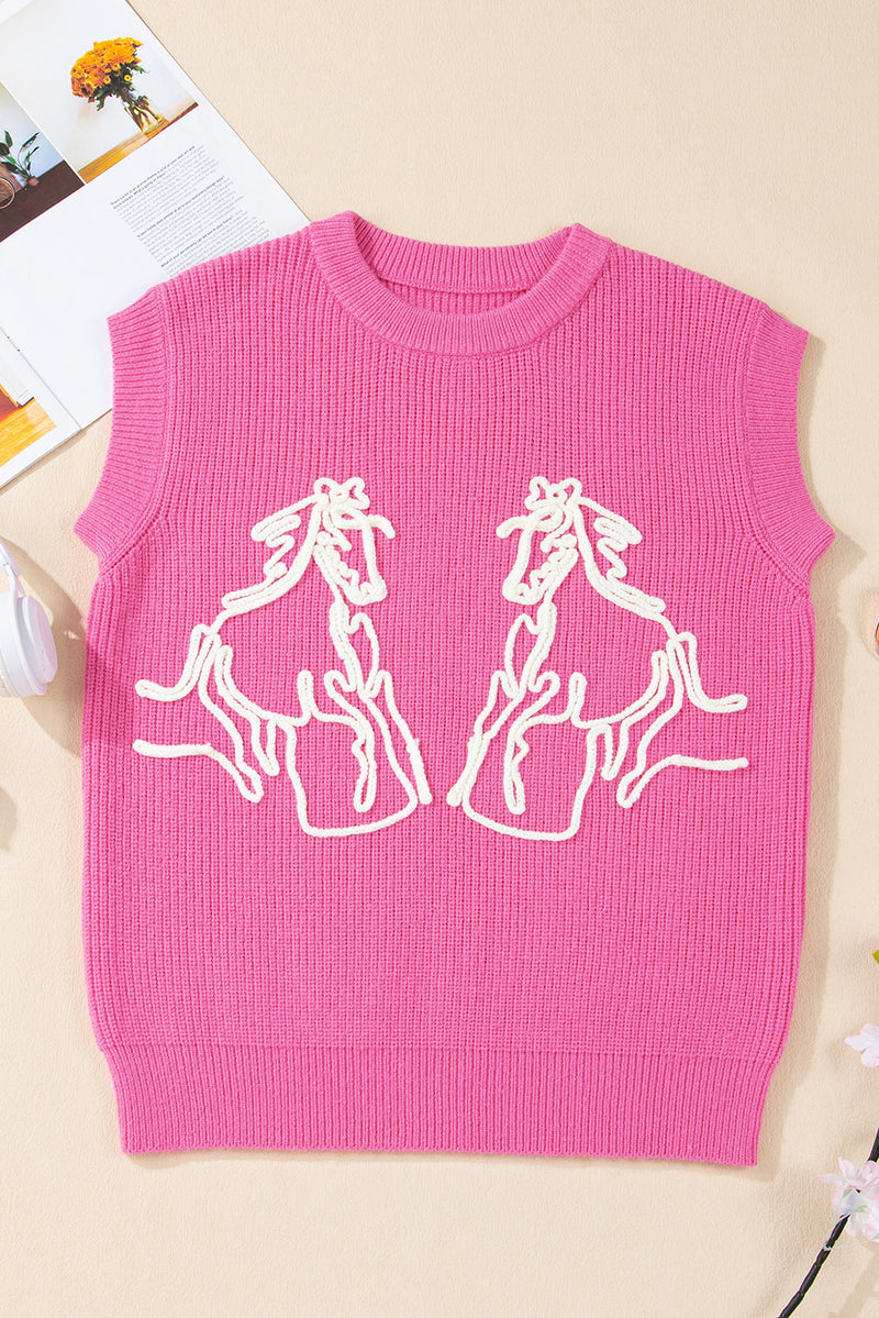 Western Horse Embroidered Round Neck Sweater Tee