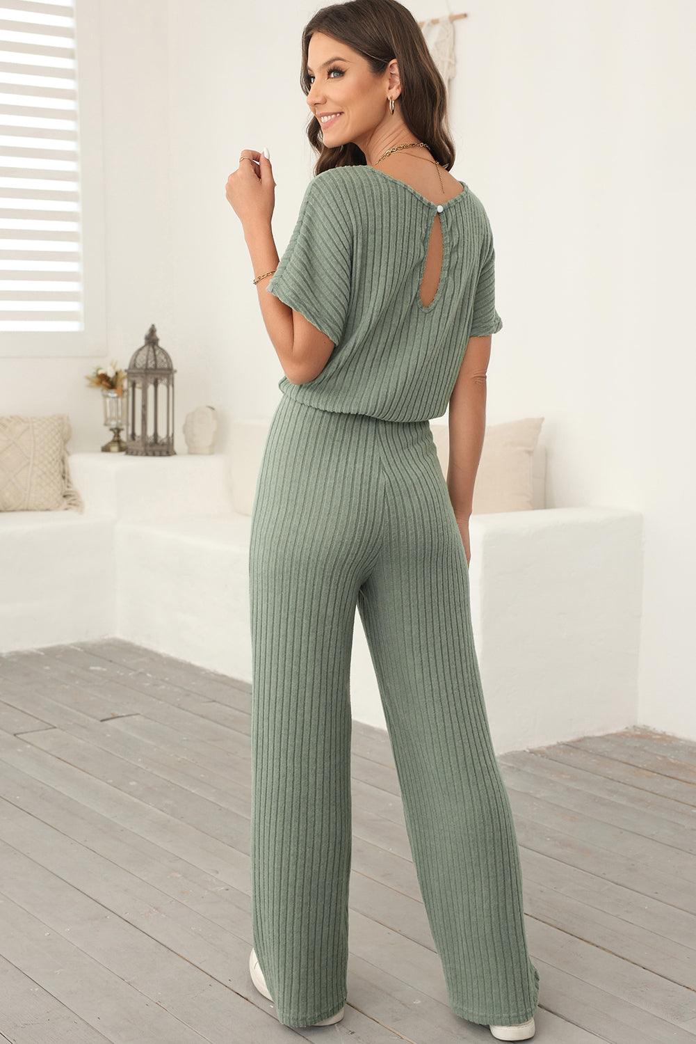 Solid Ribbed Keyhole Short Sleeve Wide Leg Jumpsuit