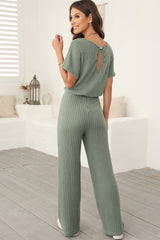 Solid Ribbed Keyhole Short Sleeve Wide Leg Jumpsuit