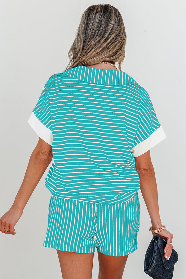 Stripe V Neck Tee and Casual Short Set