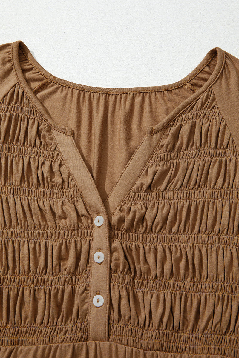 Chestnut Brown Smocked Bust Buttoned Split V Neck Flow Fit Blouse