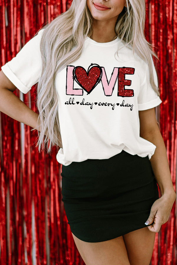Valentine LOVE Heart Shape Crew Neck Graphic Tee