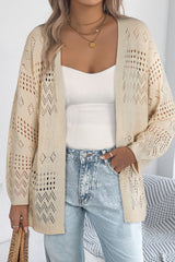 Beige Solid Color Hollowed Knit Open Front Cardigan Sweater