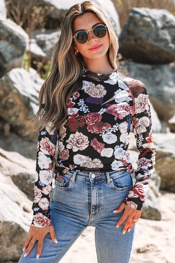 See-Through Mesh Floral Print Mock Neck Long Sleeve Slim Top