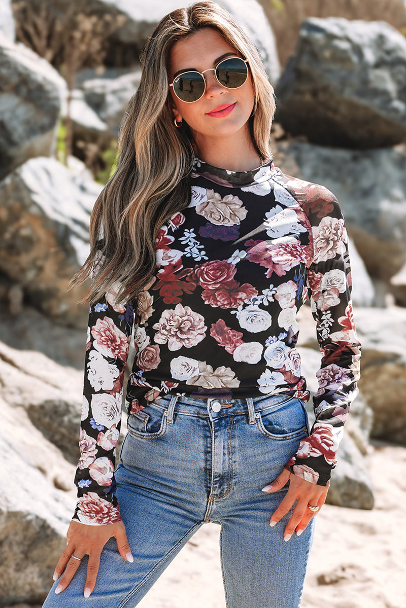 See-Through Mesh Floral Print Mock Neck Long Sleeve Slim Top