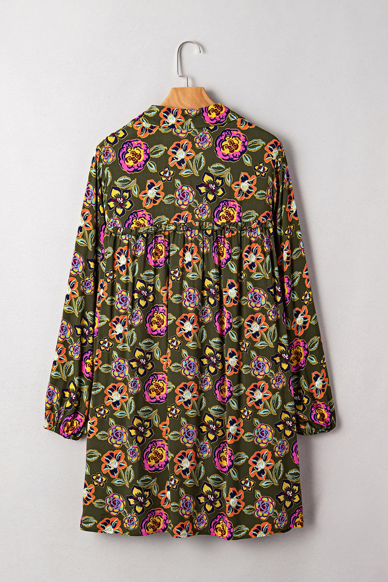 Floral Print Split Neck Bubble Sleeve Shift Mini Dress