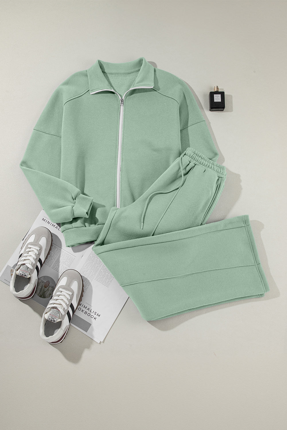 Sea Green Drop Shoulder Zip Up Jacket Drawstring Pants Active 2pcs Set