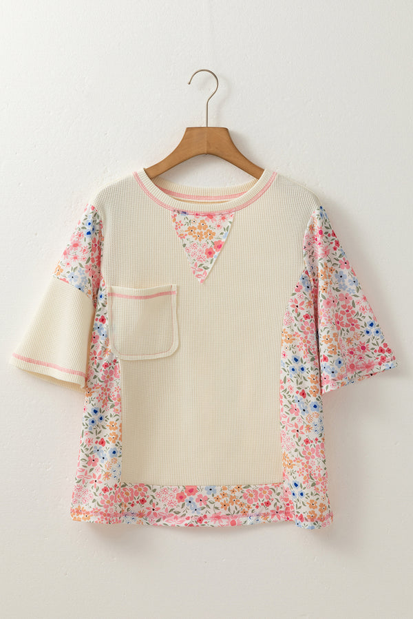 Floral Patchwork Chest Pocket Wide Sleeve Waffle T Shirt