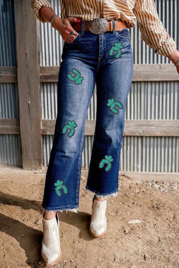 Turquoise Pattern Raw Edge Cropped High Waist Jeans