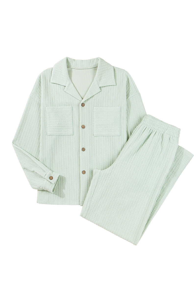 Light Green Textured Patched Chest Pocket Shirt and Pants Set