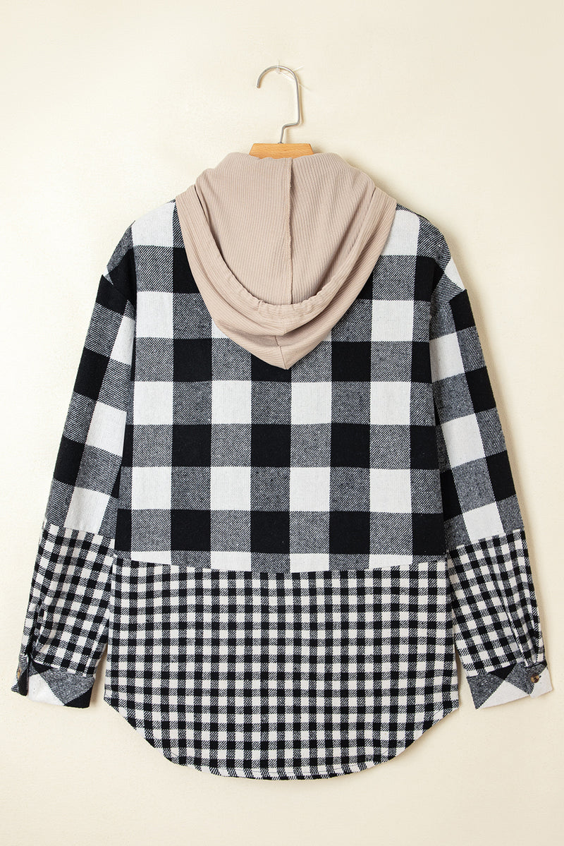 Double Plaid Patchwork Drawstring Hooded Shacket