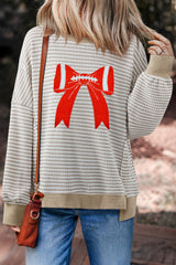 Stripe Chenille Bow Patched Drop Shoulder Long Sleeve Top
