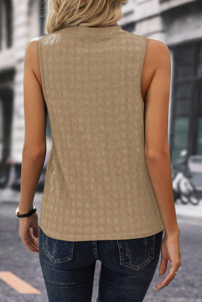 Sleeveless Blouse Lattice Textured Split Neck Tank Top