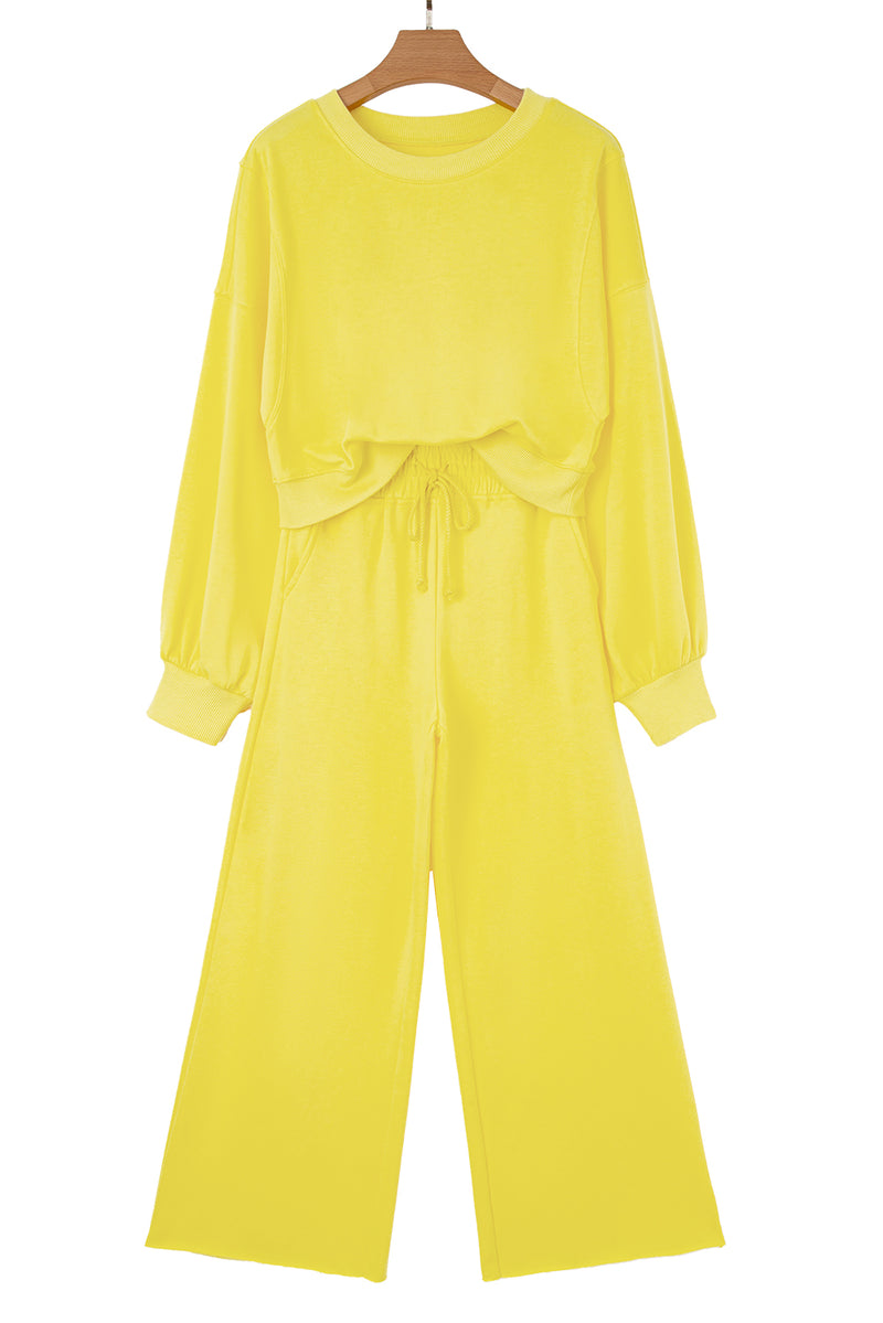 Drop Shoulder Puff Sleeve Crop Pullover Drawstring Wide Leg Pants Set