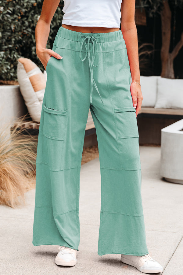 Mineral Wash Exposed Seam Drawstring Elastic Waistband Wide Leg Cargo Pants
