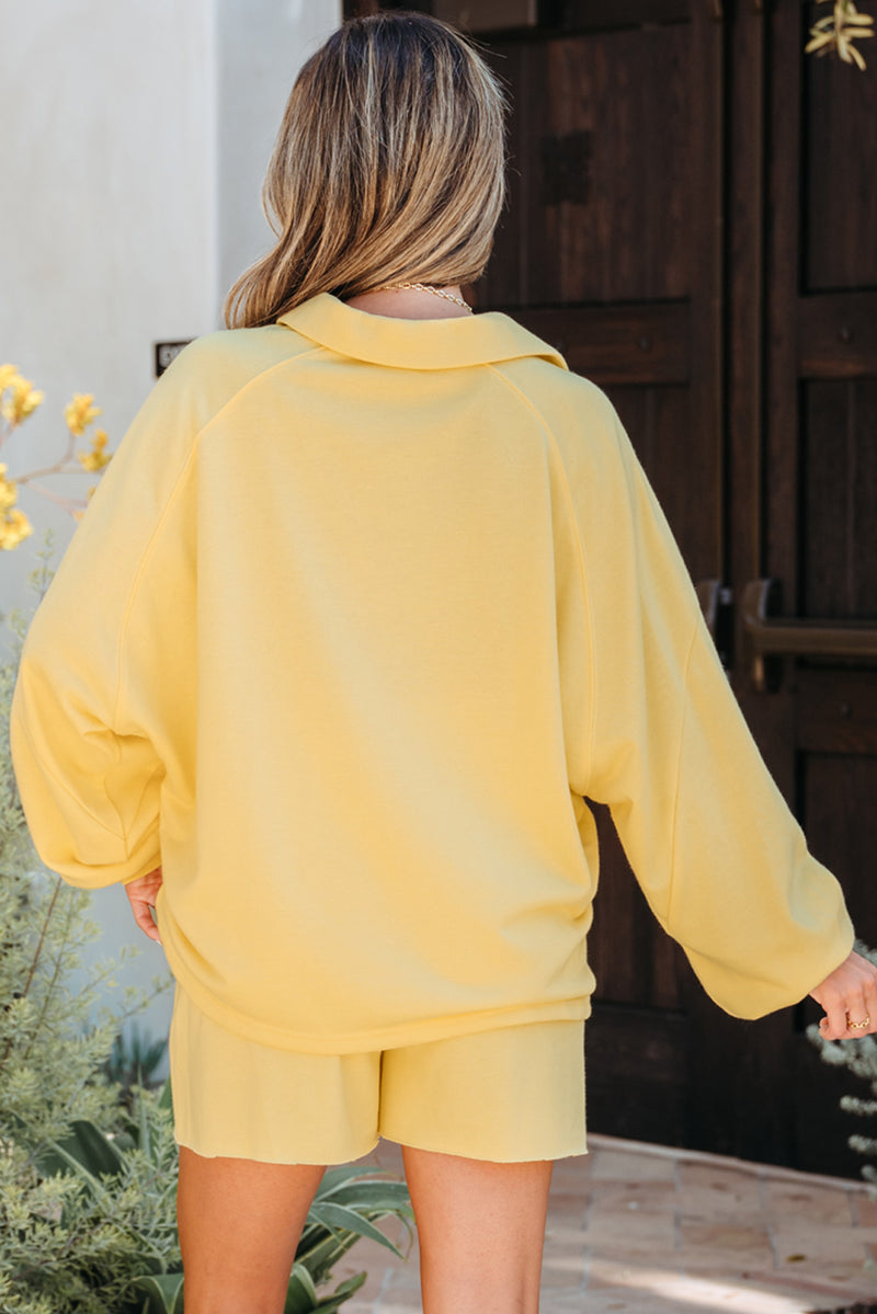 Cream Button Collar Drop Shoulder Pullover and Shorts 2pcs Outfit