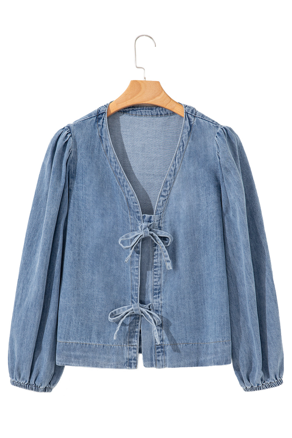 Tied Front Long Puff Sleeve Denim Top