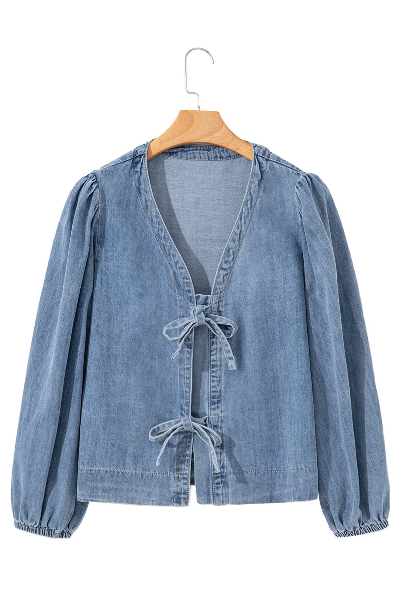 Tied Front Long Puff Sleeve Denim Top