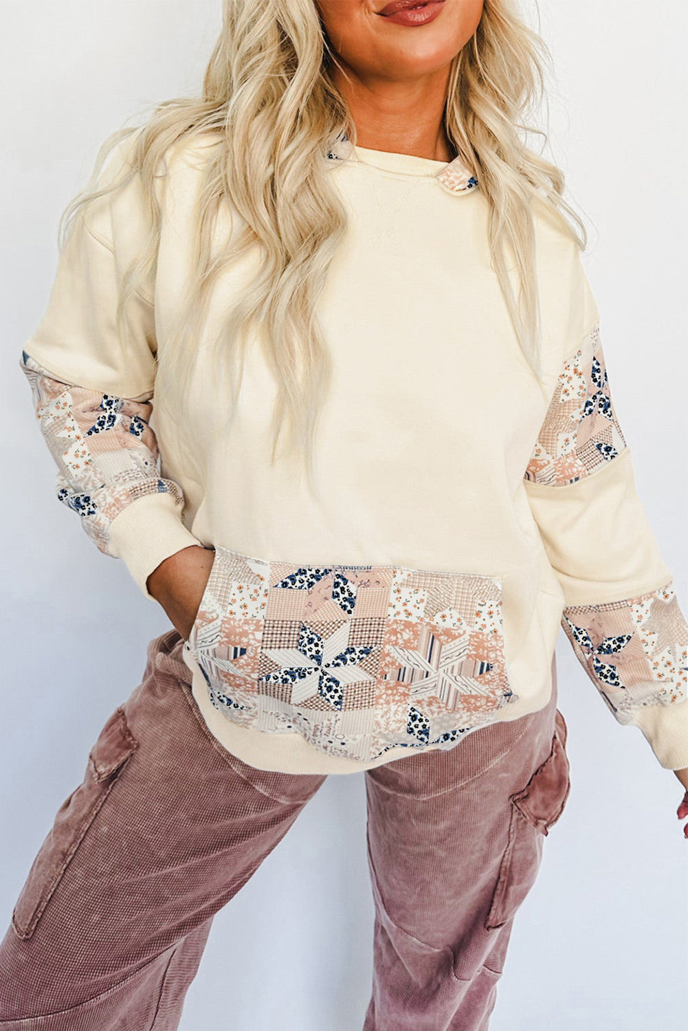 Western Geo Pattern Patchwork Hoodie with Kangaroo Pocket