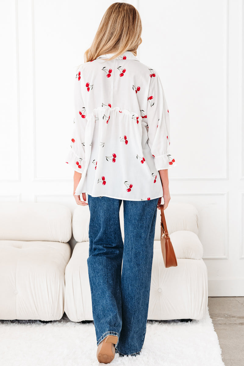 Cherry Print Flounce Sleeve Collared Frilled Babydoll Blouse