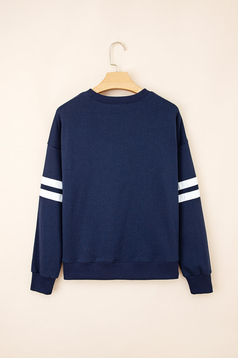 Navy Blue Varsity Striped Detail Drop Shoulder Oversized Sweatshirt
