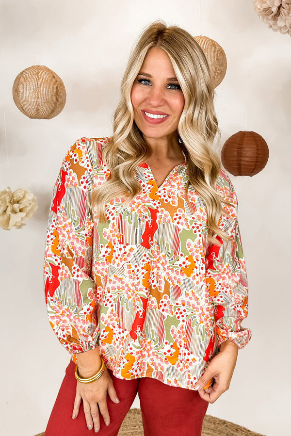 Printed Split V Neck Puff Sleeve Blouse