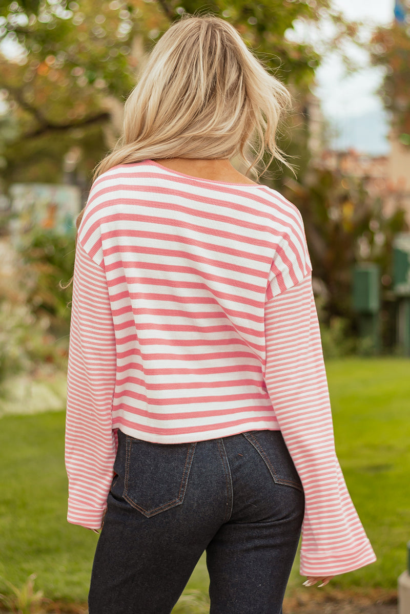 Stripe Textured Contrast Dropped Long Sleeve Top