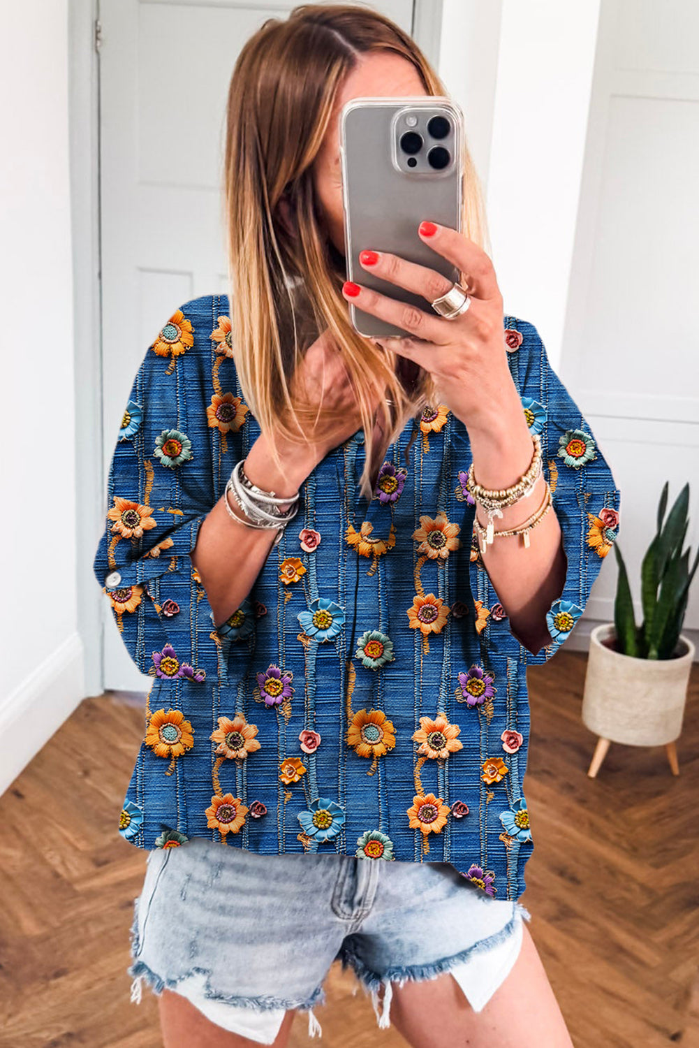 Floral Collared V Neck Roll up Sleeve Shift Blouse
