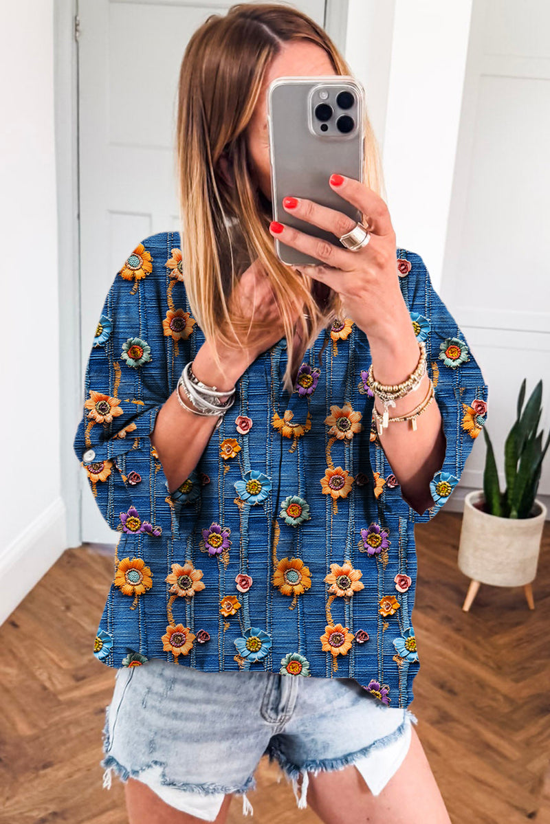 Floral Collared V Neck Roll up Sleeve Shift Blouse