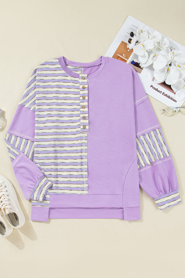 Stripe Patchwork Buttoned Drop Shoulder Plus Size Pullover