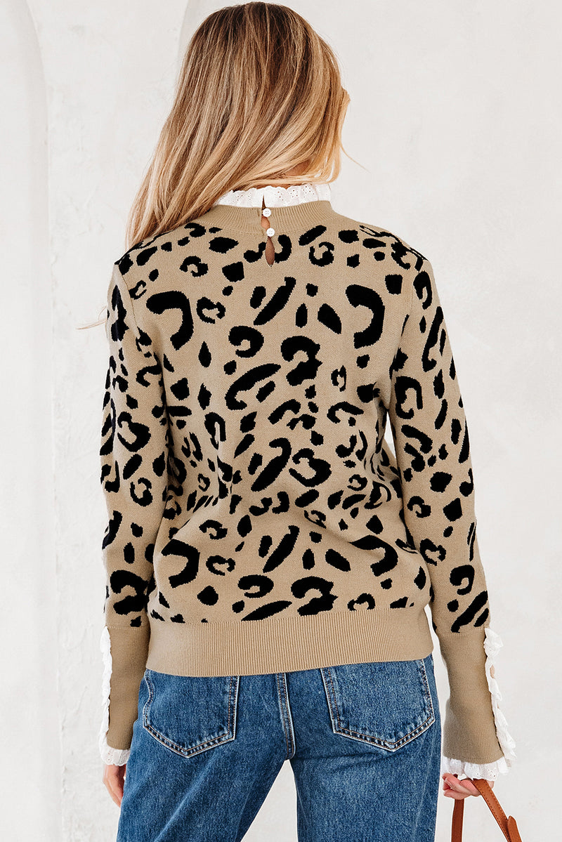 Leopard Pattern Lace Ribbed Detail Button Cuffed Sweater