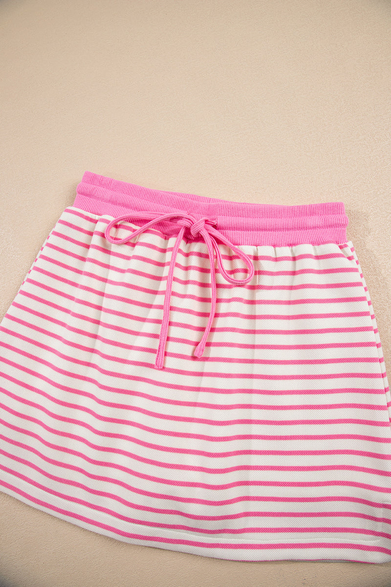 Stripe Collared V Neck Drop Shoulder Pullover and Skort 2pcs Outfit