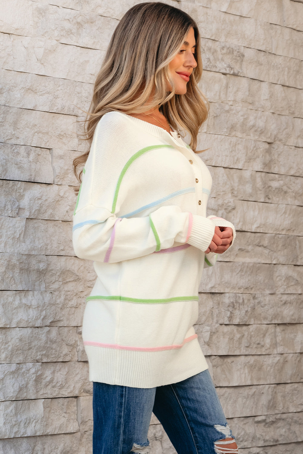 Stripes Drop Shoulder Baggy Henley Sweater