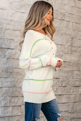 Stripes Drop Shoulder Baggy Henley Sweater