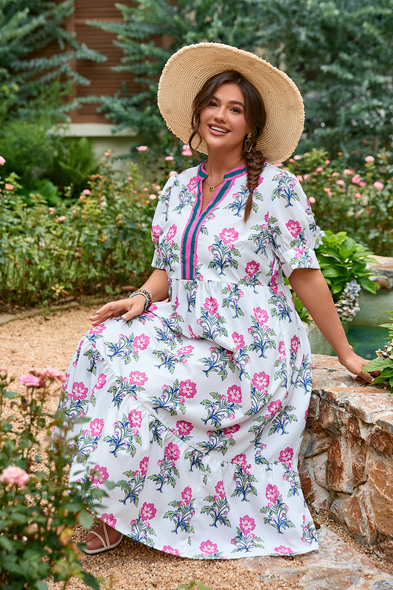 Allover Print Contrast Split Neckline Short Puff Sleeve Curvy Dress