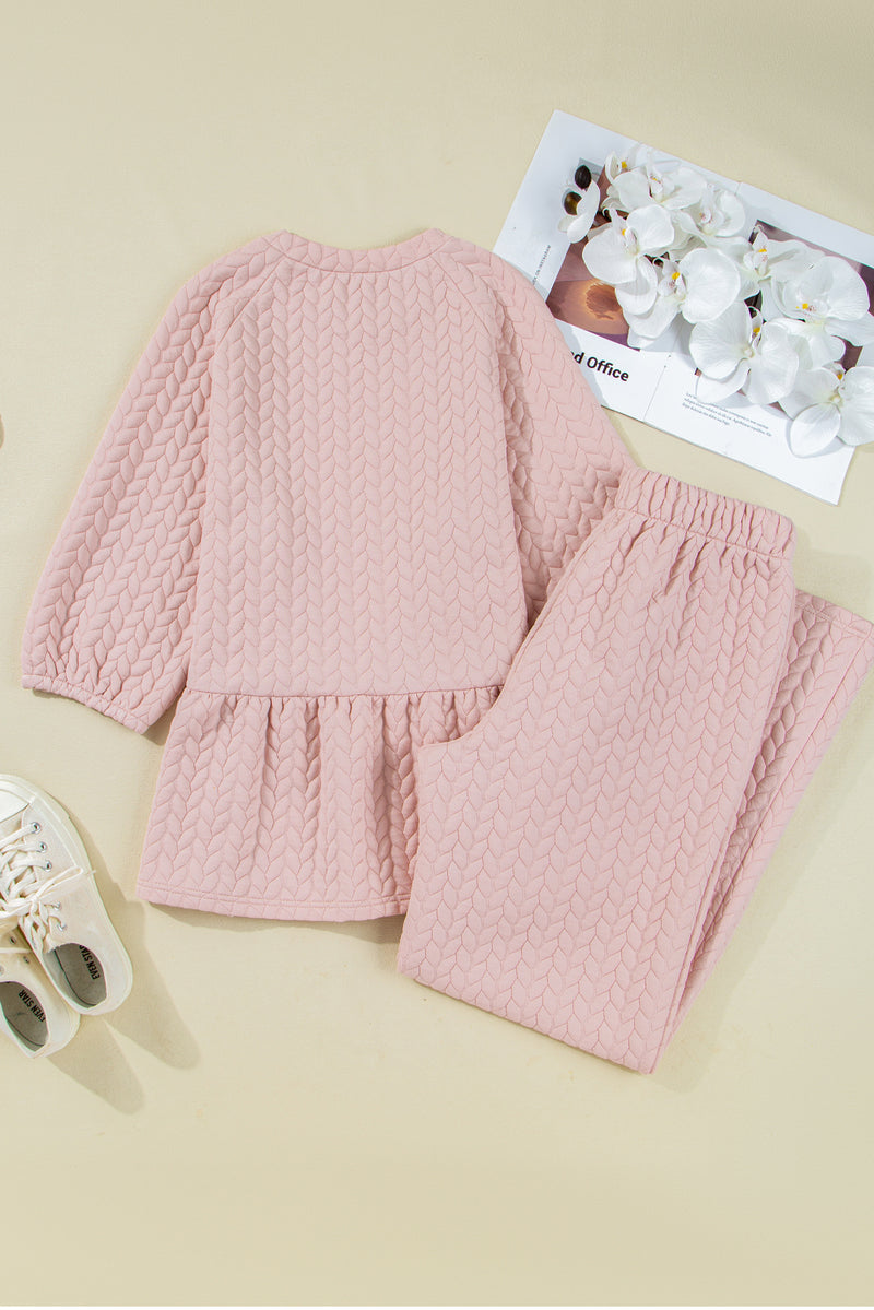 Braided Texture Ruffle Hem Top Drawstring Loose Pants Set