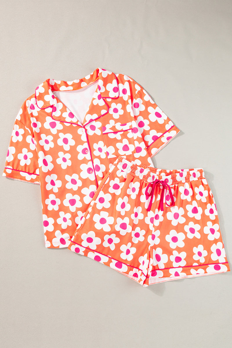 Cute Flower Print Short Sleeve Shirt Pajamas Set
