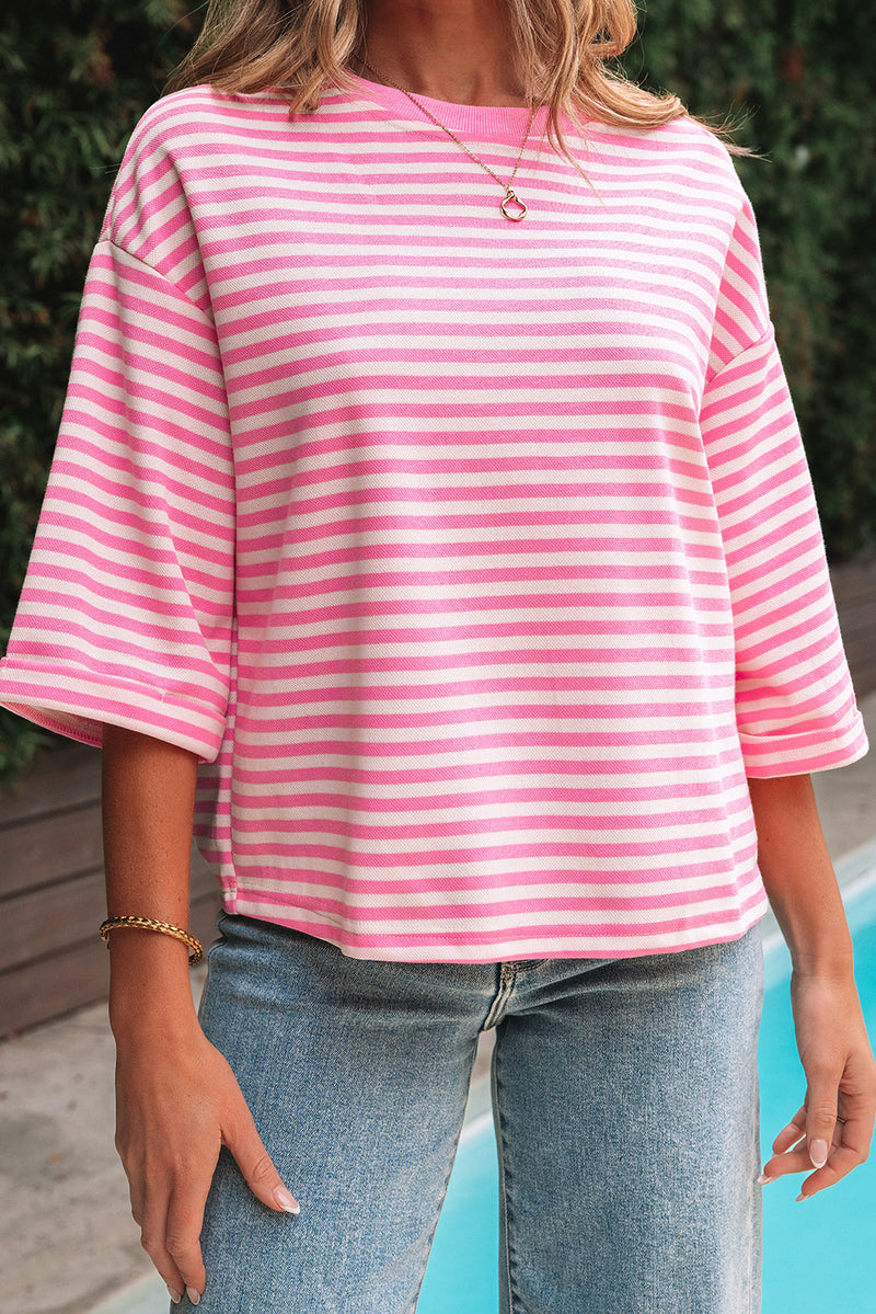 Stripe Bowknot Cutout Back Drop Shoulder Wide Bracelet Sleeve Loose Tee